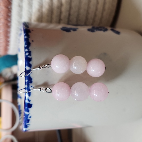 Hand Crafted Jewelry - Hand Crafted Rose Quartz Round Beads 925 Hardware Earrings